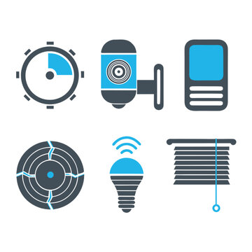 Smart home icon set features security camera light bulb and controls.