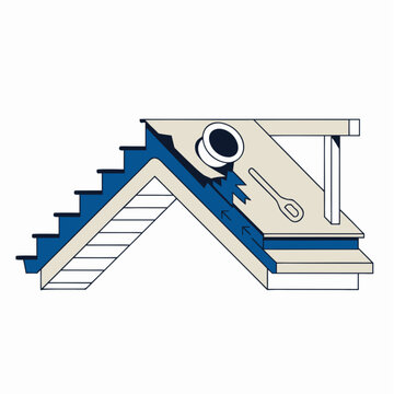 Roof vent flashing and staircase structure are shown in a clean technical schematic.