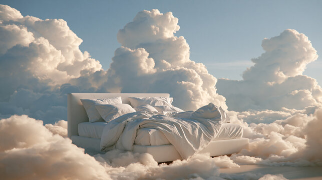 A comfortable white bed resting gently on fluffy clouds in a bright blue sky. Surreal dream concept for relaxation and sleep ads.