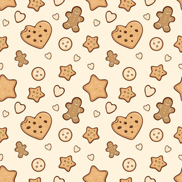 Cute seamless pattern with sweet cookies gingerbread men hearts and round biscuits