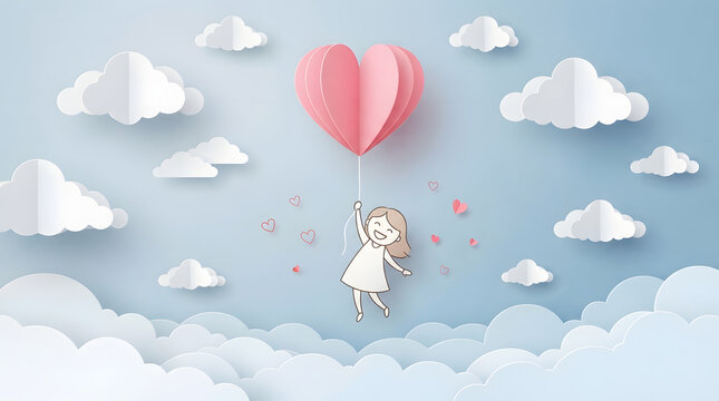 Little girl reaching for a paper heart balloon in a cloudy sky background
