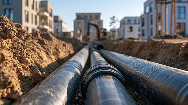 Industrial black plastic pipes laid in an excavated trench at a residential construction site. Perfect for utility infrastructure engineering.