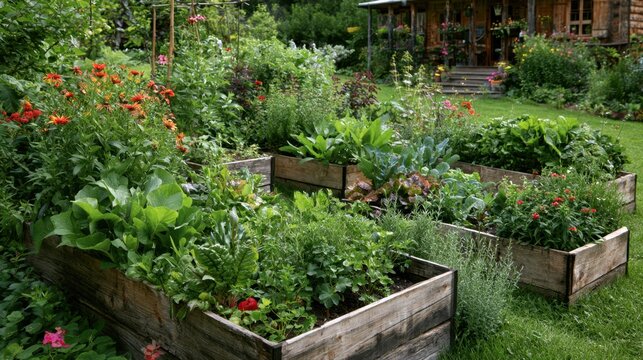 Vibrant raised garden beds filled with diverse healthy plants and flowers in lush backyard near wooden house with outdoor porch and greenery