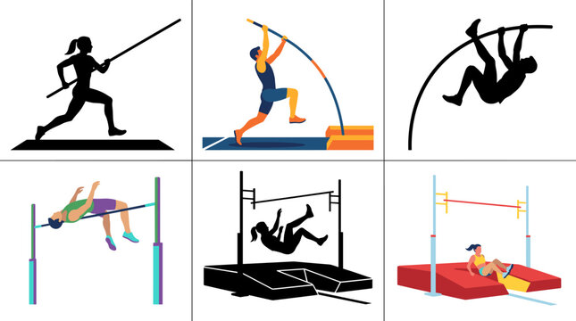 Professional vector collection featuring different styles of pole vault athletes and competition action scenes, including running approaches, pole planting, takeoff, airborne vaulting