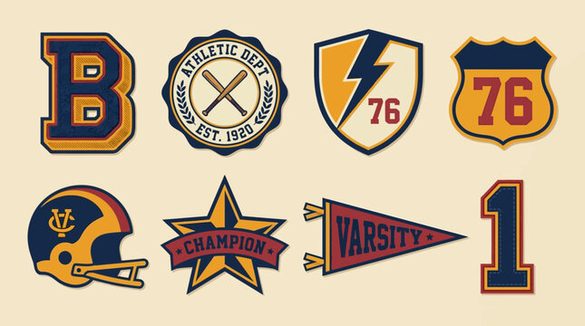 Varsity sports emblem collection featuring vintage helmet and champion star icons isolated on cream background for school athletic department branding and retro college apparel vector designs