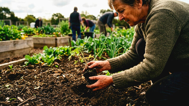 Mature woman planting a seedling in a community garden with other volunteers in the background