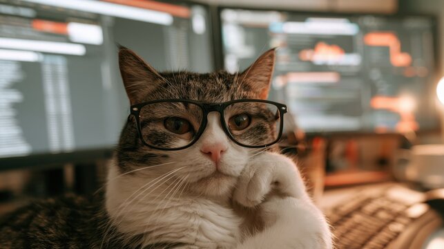 Intelligent cat wearing glasses sitting thoughtfully with paw near mouth in front of computer screens in dim light indoors