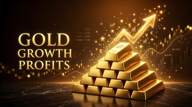 Gold Investment Growth: A striking visual representing the exponential growth of gold investment, with stacks of gleaming gold bars forming a pyramid topped by an upward-trending arrow.