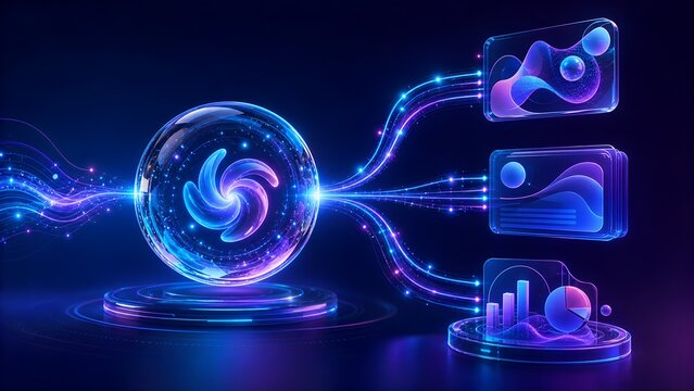 Futuristic Data Analytics Sphere with Flowing Glassmorphism Dashboards