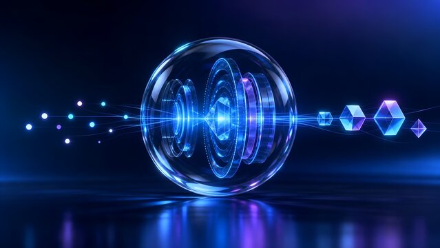 Quantum Computing Glass Sphere Core with Glowing Data Conversion Flow