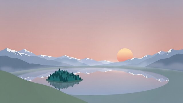 Minimalist digital landscape featuring a small island with pine trees in a calm lake set against a backdrop, of snowy mountains.