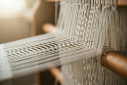 Closeup of white warp threads on a wooden weaving loom