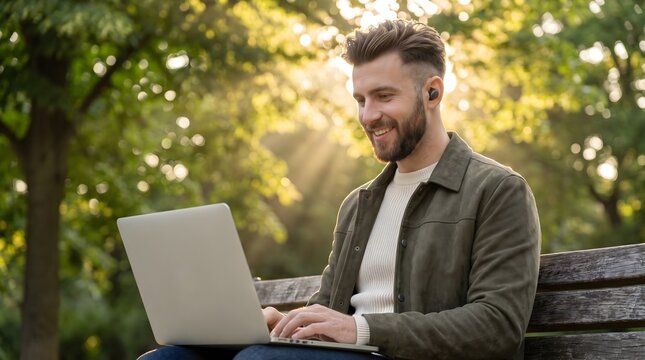 Smiling man with beard sitting on a wooden bench and using a laptop in a sunny green park for digital nomad and flexible remote work lifestyle concept
