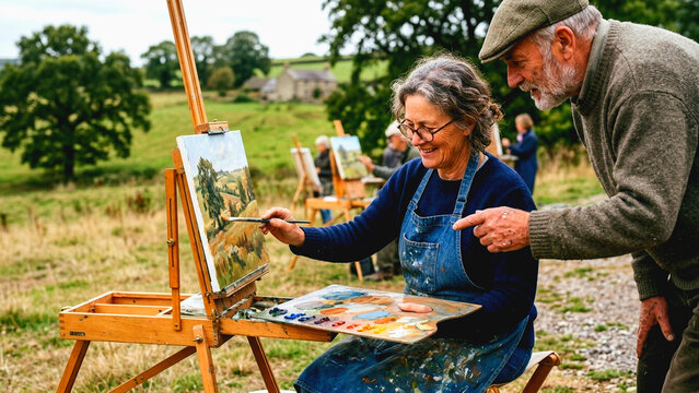 Senior woman painting on canvas at an outdoor art class with an instructor in a rural landscape