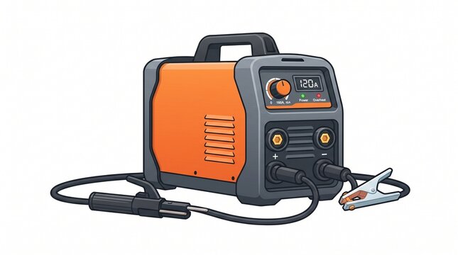 *Cartoon welding machine. Orange and gray case, digital display showing 120A, dial, + and - ports, with electrode holder and ground clamp on white background.*