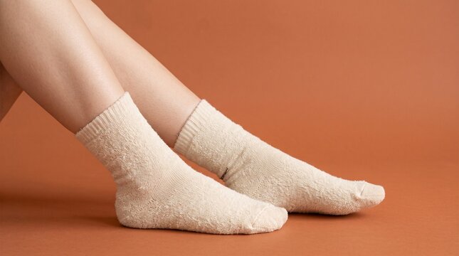 Soft beige cozy fuzzy socks on legs closeup mockup on terracotta background