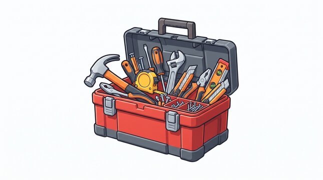 *Cartoon red toolbox full of tools. Includes hammer, wrench, screwdrivers, tape measure, pliers, level, nails, and utility knives on white background.*