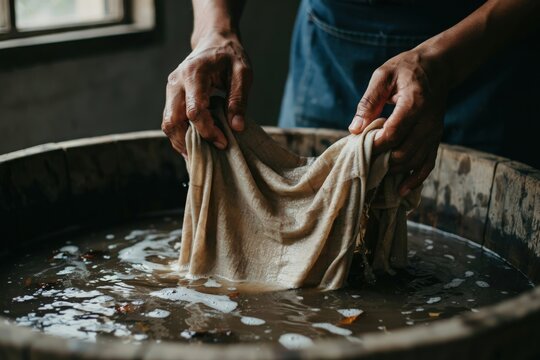 Closeup of hands washing fabric in a rustic wooden basin with soapy water