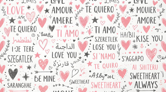 Hand drawn romantic pattern with hearts and love phrases in multiple languages