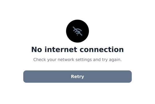 No internet connection dialog box, modern UI alert modal popup with buttons, flat design, transparent background