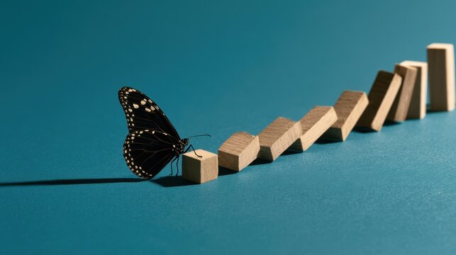 Black butterfly sitting on wooden block initiating domino effect with blocks falling on blue surface concept image