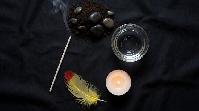Five elements of Ayurveda earth water fire air ether symbolic flat lay composition