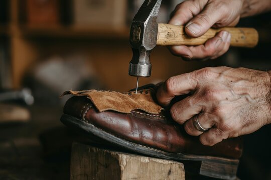 Closeup of a cobbler using a hammer to repair a worn leather shoe
