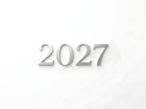 Silver metallic numbers two zero two seven on a white surface for new year concepts