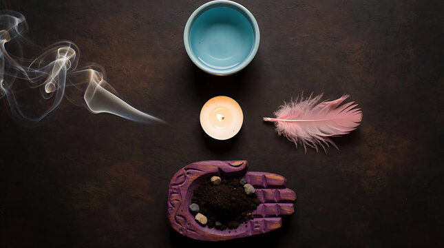 Five elements of Ayurveda earth water fire air ether symbolic flat lay composition