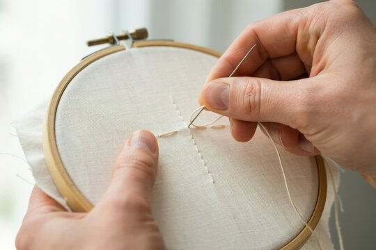 Closeup of hands sewing a running stitch on white fabric in an embroidery hoop