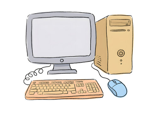 Colored hand drawn computer monitor and desktop with mouse and keyboard for work or study.