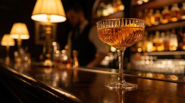 Elegant amber cocktail in a crystal coupe glass on a dark wooden bar counter with a blurred bartender and warm lighting in the background, concept of sophisticated nightlife and luxury hospitality