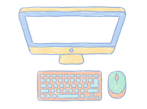 Simple cartoon drawing of a desktop computer with keyboard and mouse for digital work.