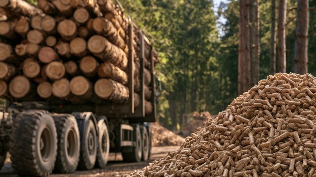 Pile of wooden biomass pellet fuel in forest near truck loaded with cut logs ready for transportation and processing