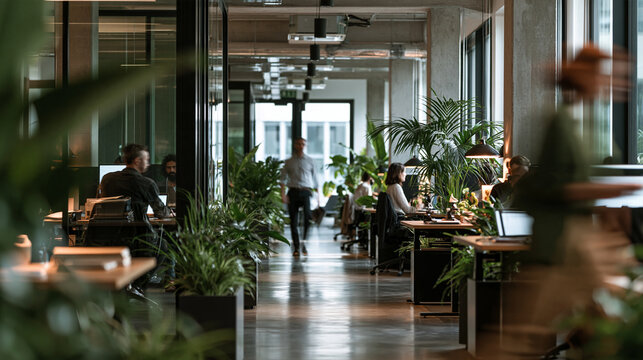 A busy open-plan modern office with employees working at desks surrounded by green plants. Ideal for workplace productivity and biophilic design themes.