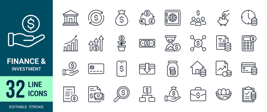 Finance and investment line icons, banking, savings and financial management symbols, editable stroke