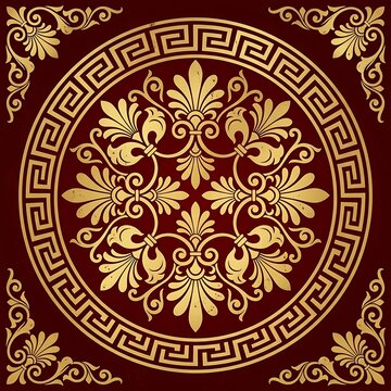 Luxury gold greek key circular frame with floral ornament pattern background