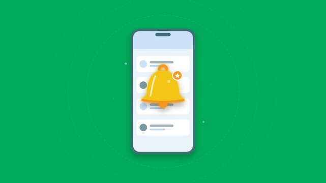 Smartphone screen displaying swinging yellow notification bell alert with pulsing wave rings in seamless 3D animation loop isolated on green screen background