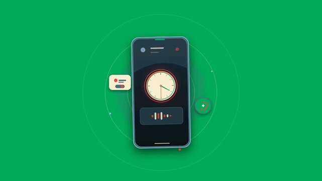 Modern mobile smartphone interface displaying animated rotating clock hands with audio waveform on solid green screen background flat design motion graphic loop