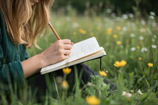 Young woman writing in a notebook while sitting in a meadow of wildflowers