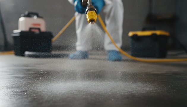 Professional pest control worker in protective suit spraying chemical insecticide or disinfectant on a concrete floor using a pressure sprayer nozzle, concept of professional sanitation and pest preve