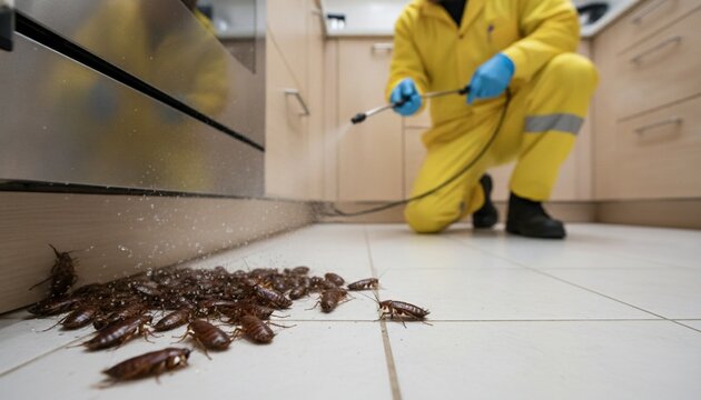 Professional exterminator in a yellow protective suit spraying a large cockroach infestation on a kitchen floor to eliminate household pests and ensure hygiene, concept of professional pest control an