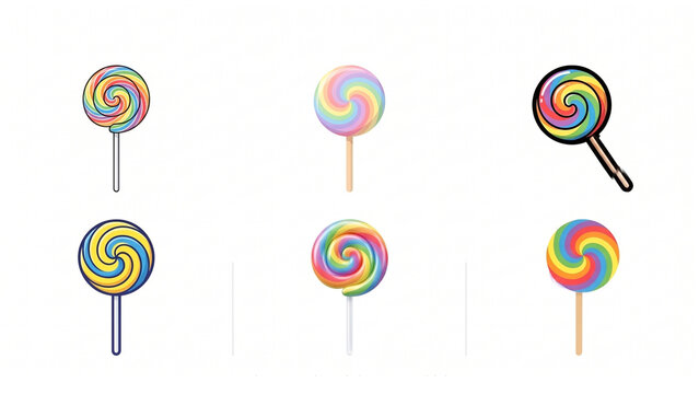 Set of colorful rainbow swirl lollipops and sweet hard candies on sticks isolated on white