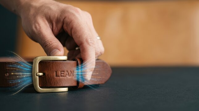 Individual hand holding premium leather belt to demonstrate startup bootstrapping and financial management concepts