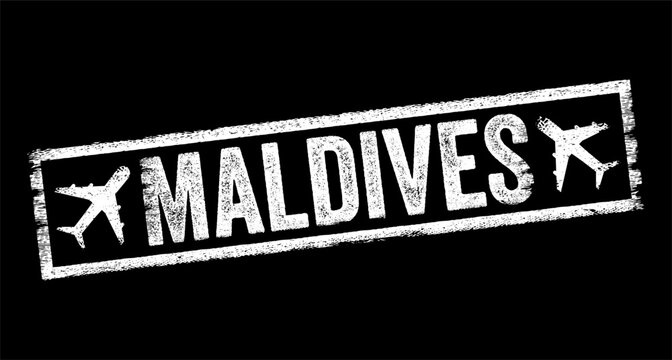 Maldives text stamp with airplane symbols, tropical island country travel destination sign, passport visa imprint concept for tourism, flight booking, beach holiday and honeymoon vacation