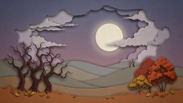 Paper craft landscape featuring a full moon in a purple night sky with bare twisted trees and autumn foliage on rolling hills in the foreground.