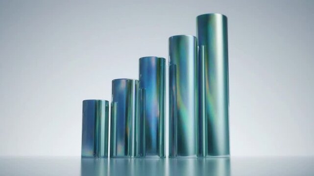 Glass bar chart rising with subtle blue gradient lighting against a clean studio background