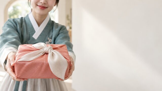 Traditional Korean woman in hanbok presenting wrapped gift with soft natural light