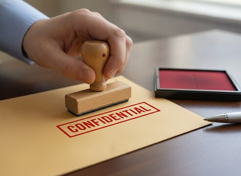 Close up of a hand stamping a confidential document on a wooden desk with a red ink pad and pen in a professional office setting, concept of data privacy and information security