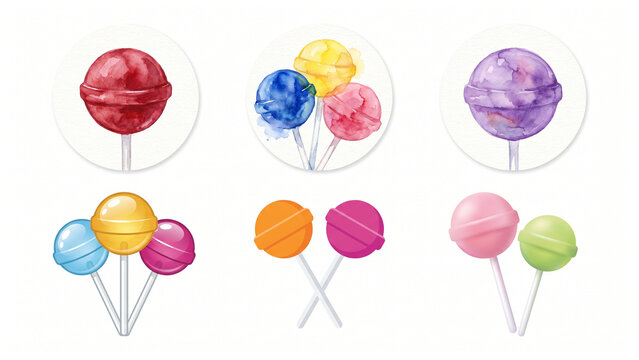 Watercolor style illustration set of colorful round lollipops and sweet candies on sticks